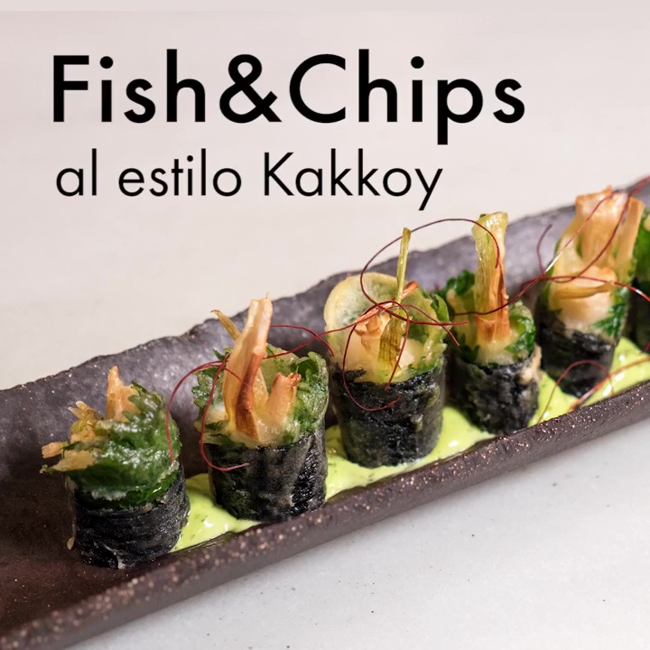 Fish&Chips al estilo Kakkoy, es la interpretación de un frito japonés, Isobe-age, que se usa Alaga-Nori.Hideki se lo acompaña una salsa original con Chimichurri y kewpie.