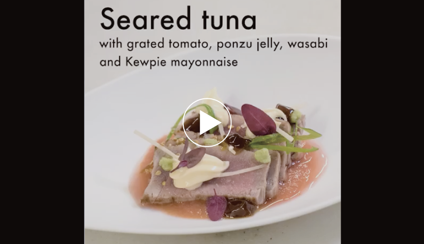 Chef Hideki Matsuhisa of Michelin-starred restaurant Koyshunka has been preparing some recipes using KEWPIE Mayonnaise. This first recipe is seared tuna with tomato, ponzu jelly, wasabi and KEWPIE Mayonnaise. 
