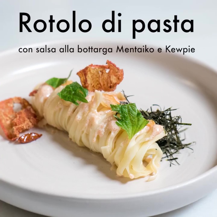 Rotolo di pasta con salsa alla bottarga Mentaiko e kewpie. Hideki ci sorprenderà con una nuova tecnica!