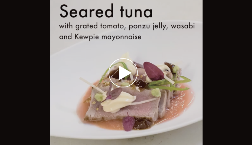 Chef Hideki Matsuhisa of Michelin-starred restaurant Koyshunka has been preparing some recipes using kewpie mayonnaise. This first recipe is seared tuna with tomato, ponzu jelly, wasabi and kewpie mayonnaise. 