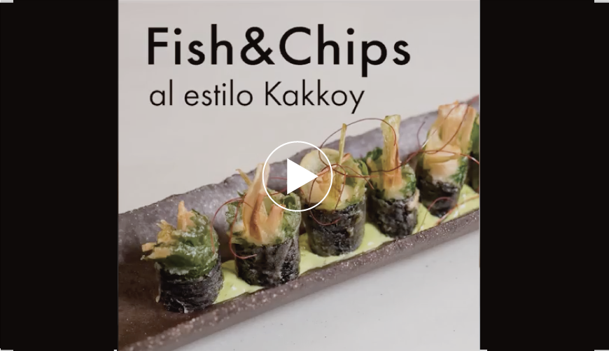 Fish&Chips al estilo Kakkoy, es la interpretación de un frito japonés, Isobe-age, que se usa Alaga-Nori.Hideki se lo acompaña una salsa original con Chimichurri y kewpie.