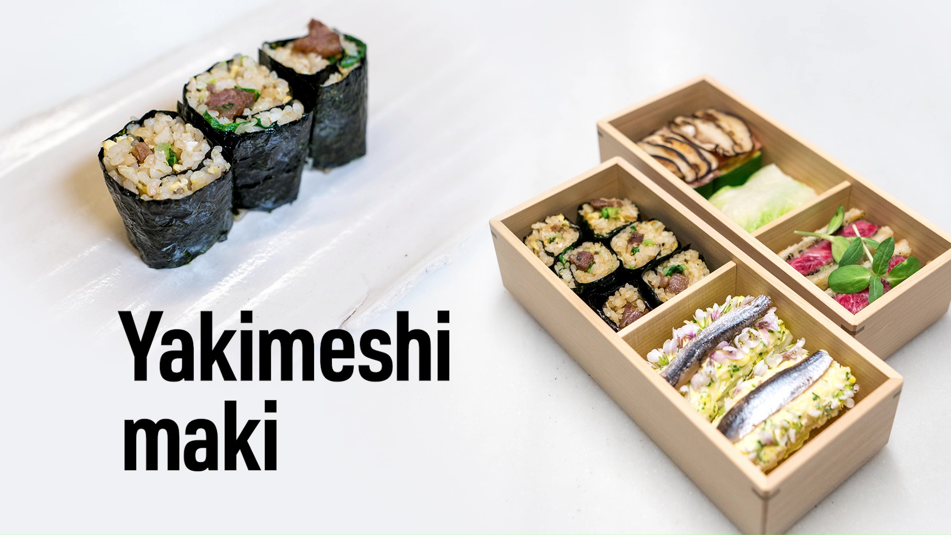 El concepto del Bento de Hideki Matushisa es CON MANOS.
El último que nos presenta es Nori-maki, es una forma de tomar arroz CON MANOS! El chef ha preparado un rollo de arroz frito hecho con salsa kewpie, en lugar de aceite, asi no se pierde su sabor en temperatura ambiente.