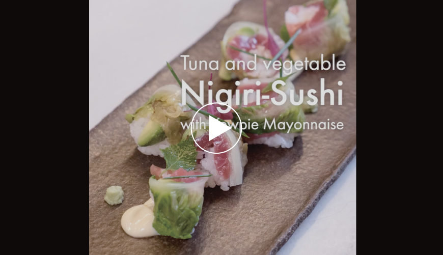 This recipe is nigiri-sushi made with tuna, tomato, avocado, and KEWPIE Mayonnaise - a delicious combination of fish and Japanese flavors.